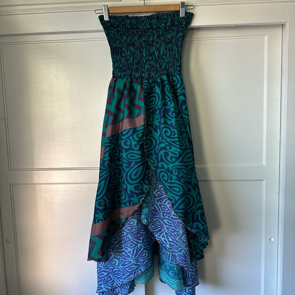 100% Silk Elegant Teal and Purple Strapless Dress